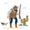 Big cowboy in the old wild west on white background. Vector flat cartoon illustration Royalty Free Stock Photo