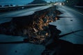 a big crack on a concrete highway. close-up view. dusk. earthquake destruction concept.