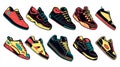 Big creative illustration collection set of sneakers running, walking, shoes, style backgrounds. Vector concept elements icons on