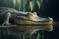 Big crocodile caiman alligator enters the water against the backdrop of tropical plants on the shore. Crocodile in reflection Royalty Free Stock Photo