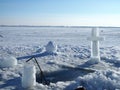 A big cross in front of a ice-hole. In the ice vyrabany cross. Before the bathing rite. Religious feast of Epiphany