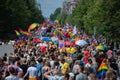 Big crowd of people supporting LGBT community in Baltic Pride event. People with rainbow