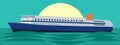 Big cruise ship on the sea or ocean at sunset or sunrise. Vector illustration in flat style. Royalty Free Stock Photo