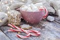 Big cup of cappuccino with marshmallo, candy canes and cookies on brown wooden background with christmas lights. Royalty Free Stock Photo