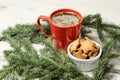 Big cup of coffee. Gingerbread Cookie. NewYear. Spruce branch Royalty Free Stock Photo