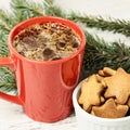 Big cup of coffee. Gingerbread Cookie. NewYear. Christmas tree Royalty Free Stock Photo