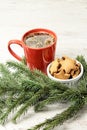 Big cup of coffee. Gingerbread Cookie. NewYear. Spruce branch Royalty Free Stock Photo