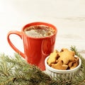 Big cup of coffee. NewYear. Gingerbread Cookie. Christmas tree Royalty Free Stock Photo