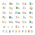 Big cute bold alphabet with uppercase and lowercase letters, punctuation marks, number set. Funky font. Funny latin ABC