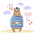 Big cute cartoon bear with paper boat in his paws. Hand-written inscription Dream Big.