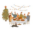 Big cute cartoon family, parents grandparents and children gather at xmas table, celebrating christmas eve