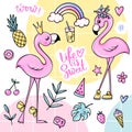 Big cute summer stickers set with flamingos, ice cream, watermelon, pineapple, rainbow, lemonade, cherry.