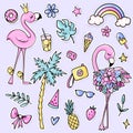 Big cute summer stickers set with flamingos, palm tree, ice cream, watermelon, sunglasses, pineapple, camera, lemonade