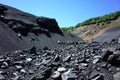 Big dark ash canyon after post-eruptive lahar flow on mountainside of Villarrica volcano Royalty Free Stock Photo