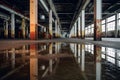 big, dark, empty, industrial-looking storage area dirty warehouse Generative Ai Royalty Free Stock Photo