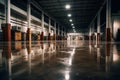 Big, dark, empty, industrial-looking storage area warehouse Generative Ai Royalty Free Stock Photo