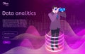 Big data analitics isometric design concept. Man in suit use binocular spyglasses.