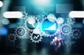 Big Data analysis, Business process analytics diagrams with gears and icons on virtual screen. Royalty Free Stock Photo