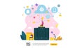 big data and analysis processing concept landing page template. cloud database service, server center room rack with interacting