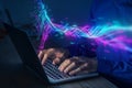 Big data analytics AI technology. Person using neural network and artificial intelligence to analyze complex information. Data