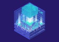 Big data and analytics concept with digital data cube and as isometric vector illustration