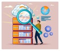 Big data analytics concept with Magnifying Glass Over Server Racks With Cloud, Charts, And Gears Royalty Free Stock Photo