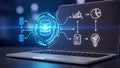 Big Data Analytics Technology Laptop Screen. Cloud Database Processing, Business Intelligence, Dark Blue Background. Royalty Free Stock Photo