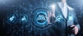 Big data analytics technology internet technology concept. Businessman pressing button on virtual screen.