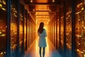 Big Data Center Female Chief Technology Officer, Activates Servers, Information Digitalization Starts. SAAS, Cloud Computing, Web