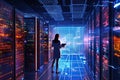 Big Data Center Female Chief Technology Officer, Activates Servers, Information Digitalization Starts. SAAS, Cloud Computing, Web Royalty Free Stock Photo