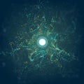 Big data circle particle grid explosion with bokeh. Ai abstract vector flare background. Futuristic dust. Royalty Free Stock Photo