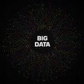 Big data circular visualization with a lot of dots and copy space. Black background with grid and dots. Design for