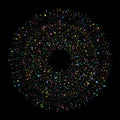 Big data circular visualization with a lot of dots, lines and copy space in center on black background. Design for