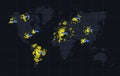 Big data cluster map. Global data. Cluster analysis visualization. Activity world map. Technology spreading background.