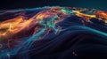 Big data flowing around illuminated world map, visualizing global networks Royalty Free Stock Photo