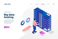 Big data hosting isometric landing page template male engineer examining server cartoon character
