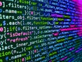 Big data and Internet of things trend. HTML code on lcd screen. Database bits access stream visualisation. Python programming Royalty Free Stock Photo