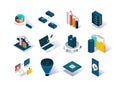 Big data isometric icons set. Data collection, storage in cloud database and analysis. Computer technology and Royalty Free Stock Photo