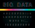 Big data modern font on black background. Polygonal letters and numbers with sparkle dots and connection lines. Starry sky texture