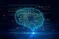 Big data processing and artificial intelligence concept with digital glowing human brain layout with microcircuit inside on