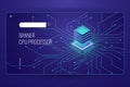 Big data processing, CPU processor isometric banner, network data transfer and calculation, dark neon violet Royalty Free Stock Photo