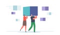Big Data Server Storage Concept. Tiny Engineer Characters Carry Huge Information Pixel. People Working In Data Center