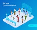 Big Data Statistics Analytics Computing Center Isometric Flat vector illustration. People standing sitting working with data