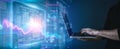Big data technology background. Using a laptop against the background of visualization of a computer internet network Royalty Free Stock Photo
