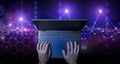 Big data technology background. Using a laptop against the background of visualization of a computer internet network