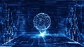 big data technology concept. There is a prominent spherical interconnected polygon in the center with a surrounding binary code Royalty Free Stock Photo