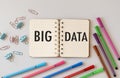 Big Data text saved in a notebook placed on a white keyboard. Concept in business Royalty Free Stock Photo