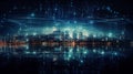 Big data transmission technology concept with digital blue wavy wires on night city skyline background, double exposure