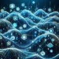 Big data visualization. Blockchain nodes. Interconnected network flows. Royalty Free Stock Photo