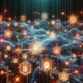 Big data visualization. Blockchain nodes. Interconnected network flows. Royalty Free Stock Photo